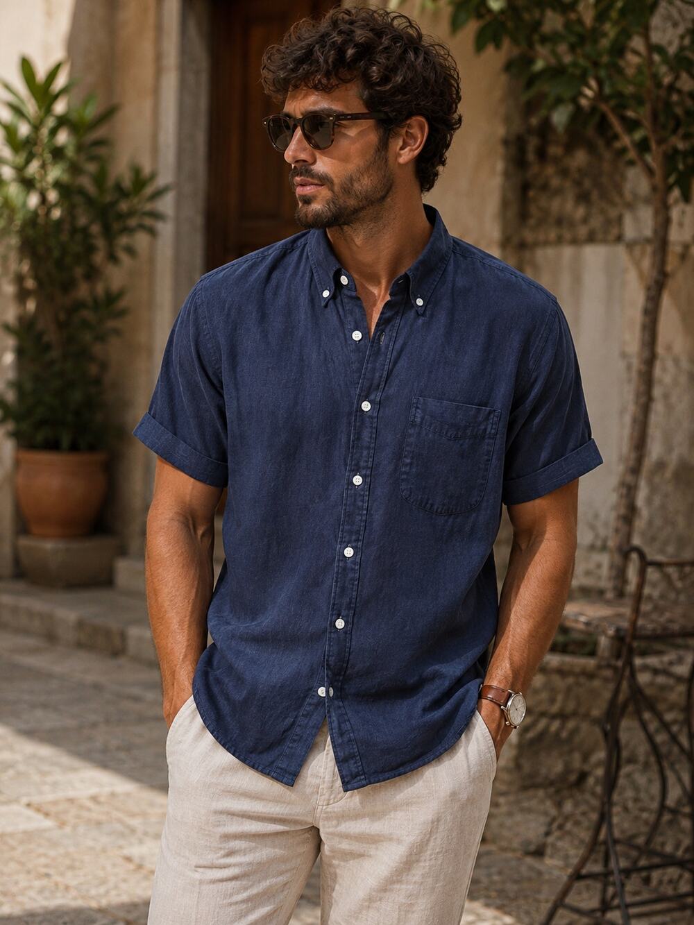 J.Crew Men M Classic Irish Linen Short Sleeve Button Down Shirt Navy Blue